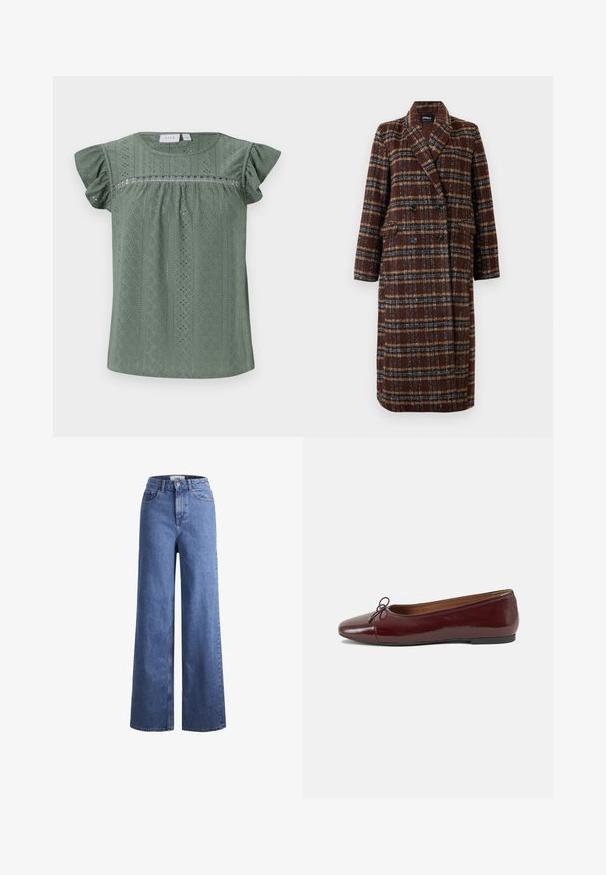 Pikk topeltkinnitatud pruuni ruudulise mustriga mantel, millel on krae, mustad nupud ja klapptaskud, esitatud valge tausta ees.; Roheline lühikeste varrukatega pluus, mis on valmistatud kergest struktureeritud kangast, sisaldab mustrilist disaini koos väikeste aukudega detailide ja volangvarrukatega.; Heled sinise denimist laiad jalad, kõrgema talje ja kahe eesmise taskuga, nähtavate õmblustega. Omab nuppu ja luku sulgemist.; Burgundi patendnahk kingad balletitüüpi, ümmarguse ninaosa, ees väike paelaaktsent ja madal must kummist tald. Sile tekstuur.