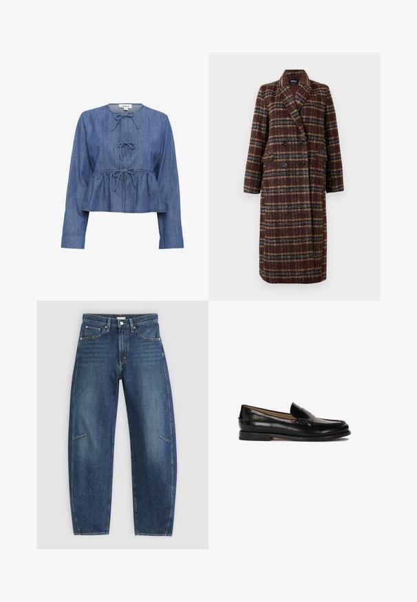 Ilgas dvigubas rudas langeliais paltas su apykakle, juodais mygtukais ir kišenėmis su atvartais, eksponuojamas ant balto fono.; Mėlyna džinsinė ilgomis rankovėmis palaidinė su apvaliu kaklu, trimis surištomis juostelėmis priekinėje dalyje ir susiraukšlėtu, peplumo estilo liemeniu.; Tamsiai mėlynos džinsinės kelnės su tiesiomis kojomis, turinčios priekinės kišenes, kontrastingą siuvimą ir subtilų pabandymą ant kojų.; Juodas odinis loafers stiliaus batelis su apvaliu nosimi, lengvai užsidedantis dizainas ir subtilūs siuvinėjimo detalės viršuje. Lygus guminis padas.