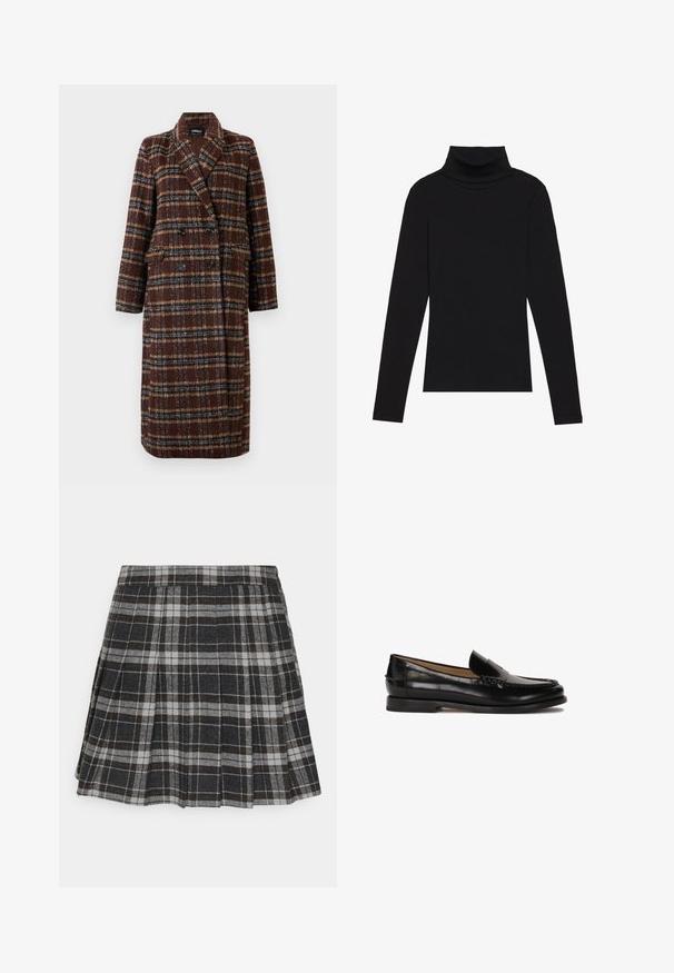 Dlouhý hnědý kostkovaný kabát na dvouřadé zapínání s klopovým límcem, černými knoflíky a kapsami s klopou, vystavený na bílém pozadí.; Černý rolák s dlouhým rukávem, vyrobený z žebrované látky, má upnutý střih s vysokým výstřihem a žádné vzory ani akcenty.; ONLY ONLCHELSEA CHECK SKIRT - Plisovaná sukně - black/white; Černé kožené mokasíny s kulatou špičkou, jednoduchým designem na obouvání a diskrétními prošívanými detaily na svršku. Plochá gumová podrážka.