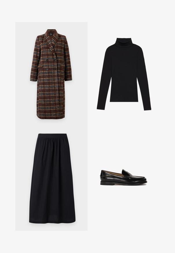 Ilgas dvigubas rudas langeliais paltas su apykakle, juodais mygtukais ir kišenėmis su atvartais, eksponuojamas ant balto fono.; Juoda turtleneko ilgo rankovės viršutinė dalis, pagaminta iš raukšlėtos medžiagos, turi prigludusią formą, aukštą apykaklę ir neturi jokių raštų ar akcentų.; Juoda midi sijonas su susirinkusia elastinga juosmeniu, lygia tekstūra ir plaukuojančiu siluetu, sukurtas patogumui ir lengvumui judant.; Juodas odinis loafers stiliaus batelis su apvaliu nosimi, lengvai užsidedantis dizainas ir subtilūs siuvinėjimo detalės viršuje. Lygus guminis padas.
