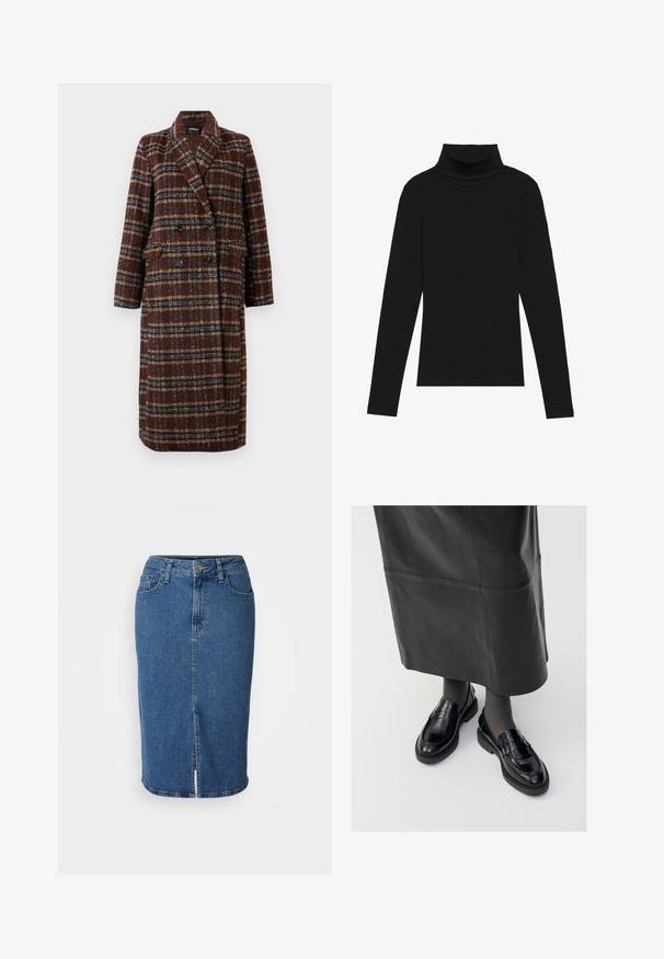 Gara divrindas brūna raibā mētelis ar atloku apkakli, melniem pogām un kabatām ar vāciņu, izstādīta pret baltu fona.; Melnā turtlenecka garām piedurknēm augšdaļa, izgatavota no ribotas auduma, ar pieguļošu piegriezumu, augstu kakla izgriezumu un bez rakstiem vai akcentiem.; Denim svārki vidēji zilā krāsā, līdz ceļgaliem, pieguļošs dizains ar priekšējo iegriezumu. Satur piecus kabatas un aizdari ar pogu un jostu cilpiņām.; Melni ādas loafers ar gludu apdari, ar dekoratīvu jostu, apaļu pirkstu un teksturētu zoli. Valkāti ar garu melnu ādas svārku.