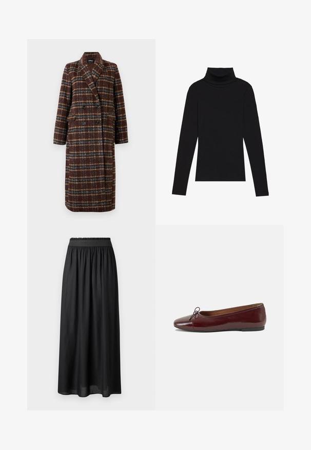 Dolg plašč z dvojnim zapenjanjem v rjavem karirastem vzorcu z rever ovratnikom, črnimi gumbi in žepi s poklopcem, prikazan na belem ozadju.; Črna majica s puloverjem in dolgimi rokavi, izdelana iz rebraste tkanine, ima prilegan kroj s visokim ovratnikom in brez vzorcev ali okrasnih elementov.; Črna krila srednje dolžine, izdelana iz lahkega materiala, z elastičnim pasom in ohlapno silhueto ter gladko teksturo.; Burgundska patenti usnjeni baletni čevlji z zaobljenim prstom, majhnim lokom na sprednji strani in nizkim črnim gumijastim podplatom. Gladka tekstura.