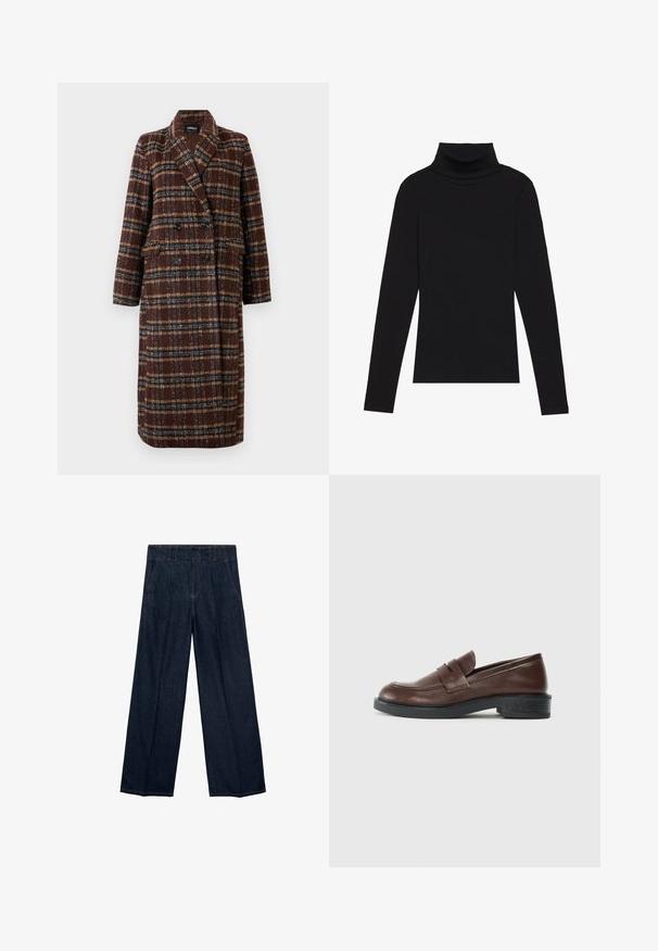 Długi brązowy płaszcz w kratę z podwójnym zapięciem, z klapami, czarnymi guzikami i kieszeniami z klapami, wyeksponowany na białym tle.; Czarna bluzka z długim rękawem i kołnierzem typu stójka, wykonana z prążkowanej tkaniny, charakteryzuje się dopasowanym krojem, wysokim dekoltem oraz brakiem wzorów i zdobień.; Granatowe dżinsy o szerokich nogawkach, z wysokim stanem, zakładające fałdy i tradycyjnym pięciokieszeniowym wzornictwem, wykonane z denimu z subtelnymi akcentami w szyciu.; Brązowe skórzane mokasyny z okrągłym noskiem, z dekoracyjnym paskiem na górze oraz niskim, teksturowanym czarnym gumowym obcasem.