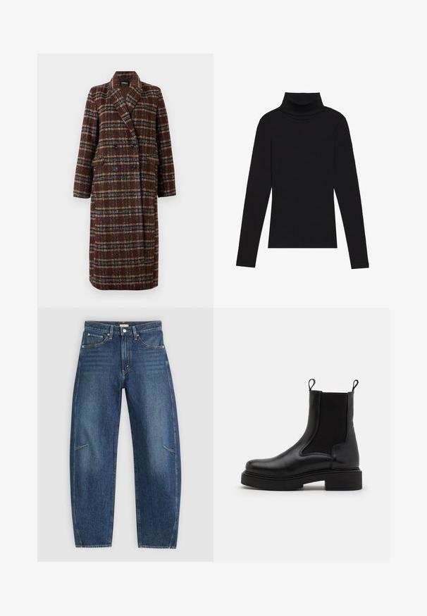 Dolg plašč z dvojnim zapenjanjem v rjavem karirastem vzorcu z rever ovratnikom, črnimi gumbi in žepi s poklopcem, prikazan na belem ozadju.; Črna majica s puloverjem in dolgimi rokavi, izdelana iz rebraste tkanine, ima prilegan kroj s visokim ovratnikom in brez vzorcev ali okrasnih elementov.; Temno modri traper hlače s ravno obliko, ki vključujejo sprednje žepe, kontrastne šive in subtilno zbledelo teksturo na nogah.; Črne usnjene gležnjarje z elastičnimi stranskimi paneli in zankasto zanko na zadnji strani, ki imajo masiven črni podplat in gladko površino.