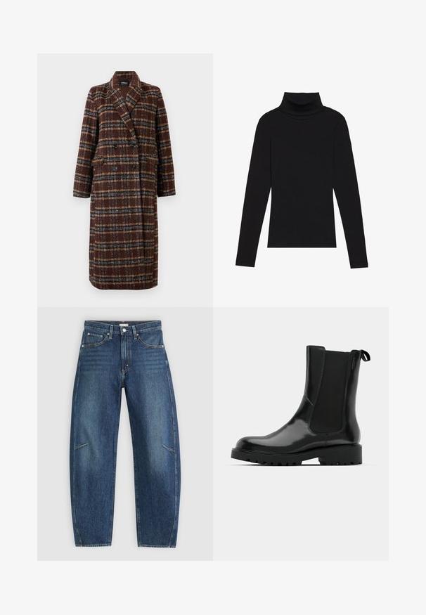 Casaco xadrez castanho de dupla face, com colarinho de lapela, botões pretos e bolsos de aba, exibido sobre um fundo branco.; Top de gola alta de manga longa, preto, feito de tecido canelado, apresenta um design justo com um decote elevado e sem padrões ou detalhes.; Jeans de ganga azul-escuro com um design de perna reta, apresentando bolsos frontais, costura em contraste e uma textura ligeiramente desbotada nas pernas.; Botas de tornozelo pretas feitas de material brilhante, com painéis laterais elásticos, uma alça de puxar e uma sola espessa e robusta com detalhes de sola.