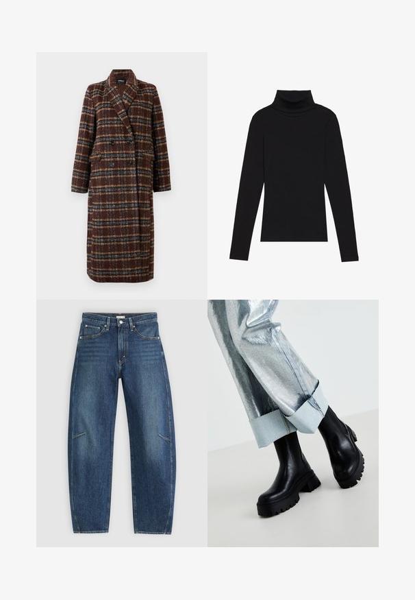 Gara divrindas brūna raibā mētelis ar atloku apkakli, melniem pogām un kabatām ar vāciņu, izstādīta pret baltu fona.; Melnā turtlenecka garām piedurknēm augšdaļa, izgatavota no ribotas auduma, ar pieguļošu piegriezumu, augstu kakla izgriezumu un bez rakstiem vai akcentiem.; Tumši zili džinsi ar taisna kāju dizainu, ar priekšējiem kabatām, kontrastējošu šuvju un nemanāmu izbalējušu struktūru uz kājām.; Melni masīvie potīšu zābaki ar teksturētām zollēm, valkāti ar sudraba krāsas metāla biksēm, kas ir ar gaiša denima apmalēm. Minimalistisks dizains, eleganti materiāli.