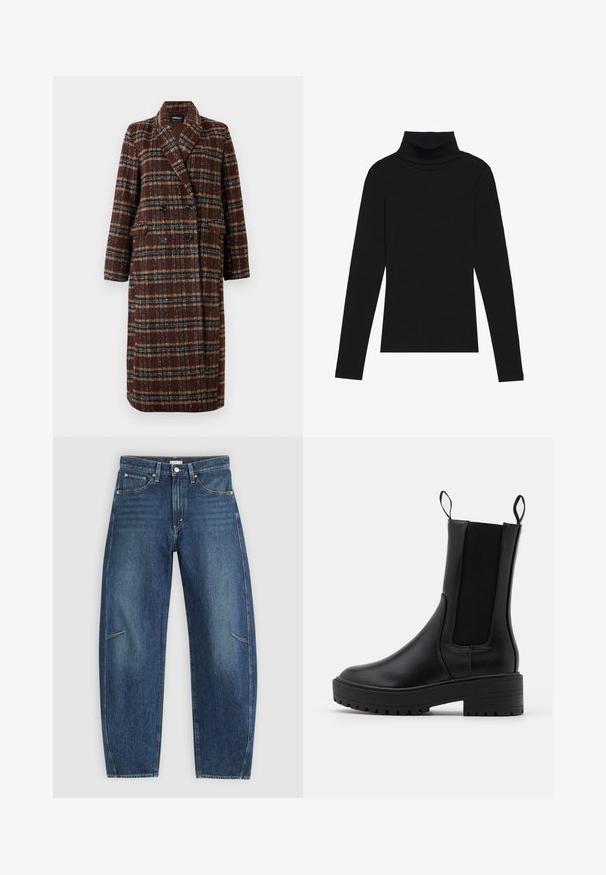 Long double-breasted brown plaid coat with lapel collar, black buttons, and flap pockets, displayed against a white background.; Black turtleneck long-sleeve top, made of ribbed fabric, features a fitted design with a high neckline and no patterns or accents.; Dark blue denim jeans with a straight-leg design, featuring front pockets, contrast stitching, and a subtle faded texture on the legs.; Black ankle boot with a smooth leather finish, elastic side panels, pull tabs, and a thick, textured sole for added grip.
