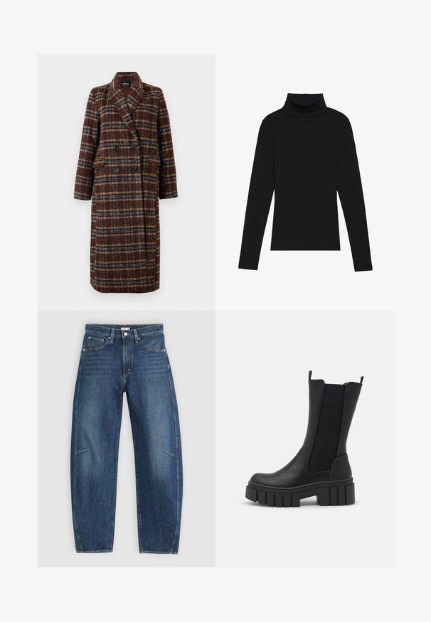 Casaco xadrez castanho de dupla face, com colarinho de lapela, botões pretos e bolsos de aba, exibido sobre um fundo branco.; Top de gola alta de manga longa, preto, feito de tecido canelado, apresenta um design justo com um decote elevado e sem padrões ou detalhes.; Jeans de ganga azul-escuro com um design de perna reta, apresentando bolsos frontais, costura em contraste e uma textura ligeiramente desbotada nas pernas.; Botim preto até ao tornozelo com uma combinação de material sintético e painéis laterais elásticos. Sola grossa com sulcos verticais para melhor tração.