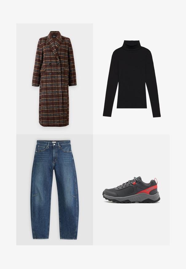 Pikk topeltkinnitatud pruuni ruudulise mustriga mantel, millel on krae, mustad nupud ja klapptaskud, esitatud valge tausta ees.; Mustavööne, pika varrukaga kõrge kaelusega T-särk, mis on valmistatud ribakanga materjalist, omab sobivat disaini ja ei sisalda mustreid ega aksessuaare.; Tumedat sinised teksad sirge jala disainiga, millel on esikotid, kontrastõmblused ja jalgadel peenelt pleekinud tekstuur.; Hallid hall välijalats, millel on mesh ülemine osa, punased ja akva sinised aktsendid, ümarad paelad, pehmendusega tald ja kare must kummist välistald, et tagada haardumine.