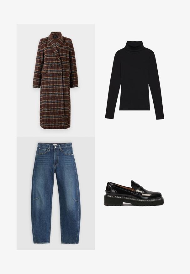 Dlhý hnedý károvaný kabát na dvojité zapínanie s klopovým golierom, čiernymi gombíkmi a vreckami s chlopňou, vystavený na bielom pozadí.; Čierny rolák s dlhým rukávom, vyrobený z rebrovanej tkaniny, má priliehavý strih s vysokým golierom a bez vzorov alebo akcentov.; Tmavomodré riflové nohavice so strihom rovného nohu, ktoré majú predné vrecká, kontrastné šitie a jemnú vyblednutú textúru na nohách.; Čierne lakované kožené mokasíny s masívnou čiernou gumovou podrážkou, zvýraznené bielym prešívaním a ozdobným predným pásikom.