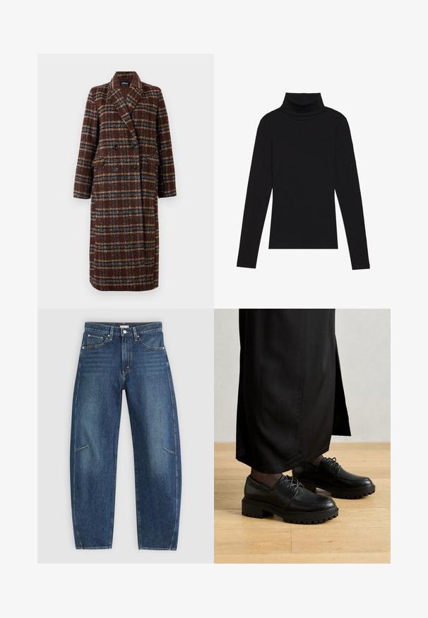 Cappotto lungo doppiopetto a quadri marrone con colletto a bavero, bottoni neri e tasche a soffietto, esposto su uno sfondo bianco.; Maglione a collo alto nero a maniche lunghe, realizzato in tessuto a coste, presenta un design aderente con un collo alto e senza motivi o dettagli.; Jeans in denim blu scuro con design a gamba dritta, caratterizzati da tasche anteriori, cuciture a contrasto e una leggera texture sbiadita lungo le gambe.; Scarpe in pelle nera con punta arrotondata, suola in gomma spessa e lacci. Il design presenta cuciture decorative lungo la tomaia.