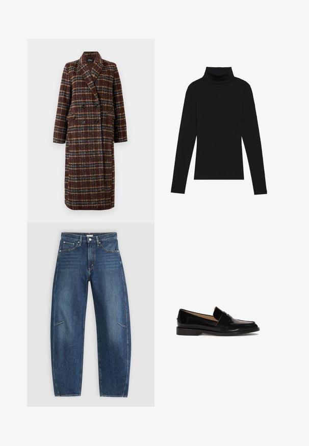 Dlouhý hnědý kostkovaný kabát na dvouřadé zapínání s klopovým límcem, černými knoflíky a kapsami s klopou, vystavený na bílém pozadí.; Černý rolák s dlouhým rukávem, vyrobený z žebrované látky, má upnutý střih s vysokým výstřihem a žádné vzory ani akcenty.; Tmavě modré džíny s rovnými nohavicemi, vybavené předními kapsami, kontrastním šitím a jemně vybledlou texturou na nohavicích.; Černé kožené mokasíny s hladkým povrchem, kulatou špičkou a dekorační páskou přes přední část. Nízký blokový podpatek.