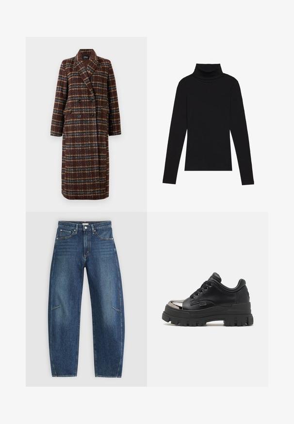 Abrigo de cuadro marrón de doble botonadura largo con cuello de solapa, botones negros y bolsillos con solapa, exhibido contra un fondo blanco.; Top de manga larga de cuello alto negro, hecho de tela de canalé, presenta un diseño ajustado con un cuello alto y sin patrones ni acentos.; Jeans de mezclilla azul oscuro con un diseño de pierna recta, que cuentan con bolsillos frontales, costuras en contraste y una sutil textura desgastada en las piernas.; Buffalo ASPHA - Zapatos con cordones - black