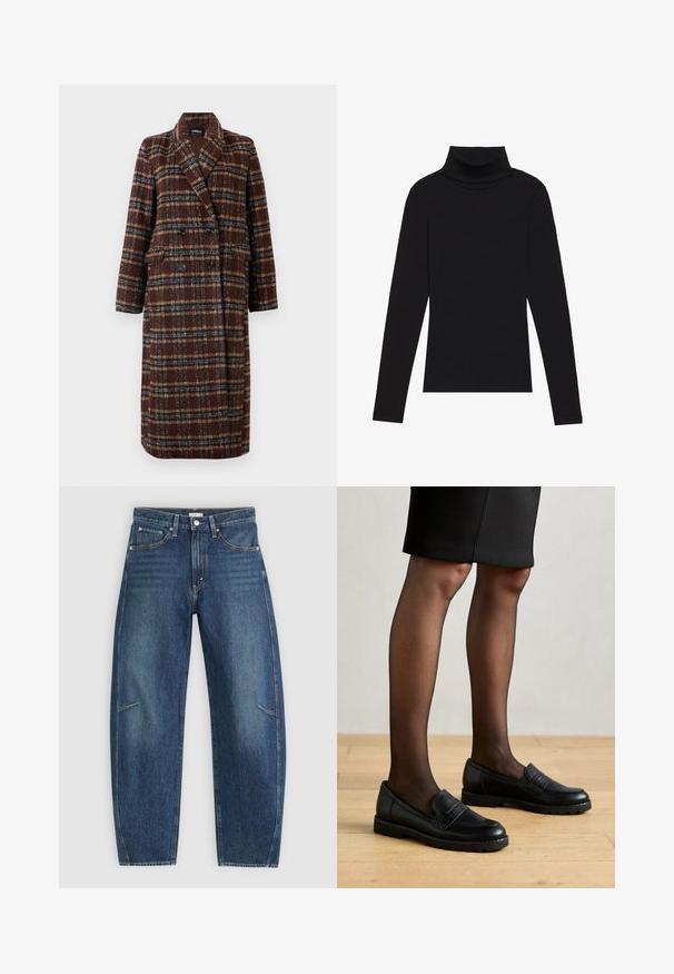 Long double-breasted brown plaid coat with lapel collar, black buttons, and flap pockets, displayed against a white background.; Black turtleneck long-sleeve top, made of ribbed fabric, features a fitted design with a high neckline and no patterns or accents.; Dark blue denim jeans with a straight-leg design, featuring front pockets, contrast stitching, and a subtle faded texture on the legs.; Black leather loafers with a textured panel, rubber sole, and rounded toe, worn with sheer black tights and a fitted skirt.