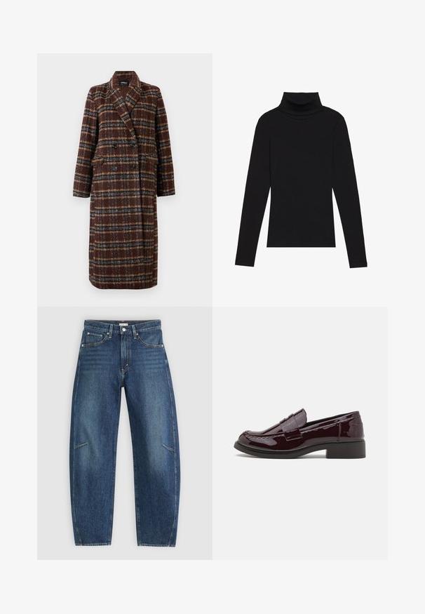 Long double-breasted brown plaid coat with lapel collar, black buttons, and flap pockets, displayed against a white background.; Black turtleneck long-sleeve top, made of ribbed fabric, features a fitted design with a high neckline and no patterns or accents.; Dark blue denim jeans with a straight-leg design, featuring front pockets, contrast stitching, and a subtle faded texture on the legs.; Burgundy patent leather loafers with a low block heel, featuring traditional stitching and a strap accent across the vamp.