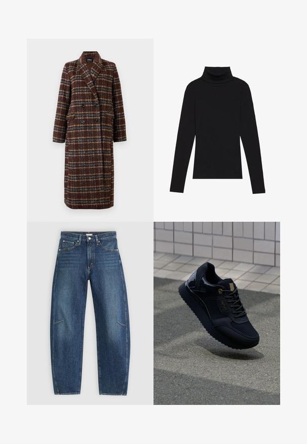 Długi brązowy płaszcz w kratę z podwójnym zapięciem, z klapami, czarnymi guzikami i kieszeniami z klapami, wyeksponowany na białym tle.; Czarna bluzka z długim rękawem i kołnierzem typu stójka, wykonana z prążkowanej tkaniny, charakteryzuje się dopasowanym krojem, wysokim dekoltem oraz brakiem wzorów i zdobień.; Ciemnoniebieskie dżinsy o prostym kroju, z przednimi kieszeniami, kontrastowym szwem i delikatnie wyblakłą strukturą na nogawkach.; Czarne sneakersy z siateczkową cholewką, błyszczącymi akcentami, złotymi detalami, teksturowaną podeszwą oraz wyściełanym kołnierzem dla większego komfortu.