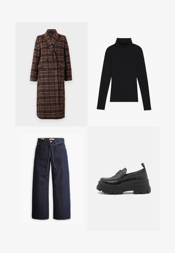 Długi brązowy płaszcz w kratę z podwójnym zapięciem, z klapami, czarnymi guzikami i kieszeniami z klapami, wyeksponowany na białym tle.; Czarna bluzka z długim rękawem i kołnierzem typu stójka, wykonana z prążkowanej tkaniny, charakteryzuje się dopasowanym krojem, wysokim dekoltem oraz brakiem wzorów i zdobień.; Spodnie dżinsowe w kolorze ciemnoniebieskim o szerokich nogawkach i wysokim stanie, z wiązaniem na sznurki, pięcioma kieszeniami oraz kontrastowymi detalami w staszcu.; Buffalo ASPHA czarny