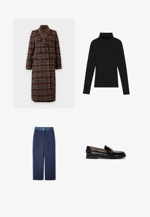 Langer brauner Karo-Doppelreiher-Mantel mit Reverskragen, schwarzen Knöpfen und Klappentaschen, vor einem weißen Hintergrund präsentiert.; Schwarzes langärmeliges Turtleneck-Oberteil aus geripptem Stoff, mit einer taillierten Passform, hohem Kragen und ohne Muster oder Akzente.; Marinefarbene weit geschnittene Hosen aus weichem Stoff mit einem leicht elastischen Denim-Bund, ausgestattet mit Gesäßtaschen und einem Knopfverschluss.; Schwarzer Lederloafer mit runder Zehenpartie, schlupfendem Design und dezenten Nahtdetails entlang des Oberteils. Flache Gummisohle.