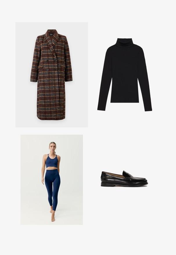 Gara divrindas brūna raibā mētelis ar atloku apkakli, melniem pogām un kabatām ar vāciņu, izstādīta pret baltu fona.; Melnā turtlenecka garām piedurknēm augšdaļa, izgatavota no ribotas auduma, ar pieguļošu piegriezumu, augstu kakla izgriezumu un bez rakstiem vai akcentiem.; Tumši zilas sporta komplekts, kas ietver īsu krūšturi ar plānām siksnām un augsto jostasvietu legingus, abi izgatavoti no gludas, elastīgas auduma.; Melnas ādas loferes ar noapaļotu purngalu, viegli uzvelkamas un ar diskrētām dūrieniem augšdaļā. Vienkārša gumijas zole.