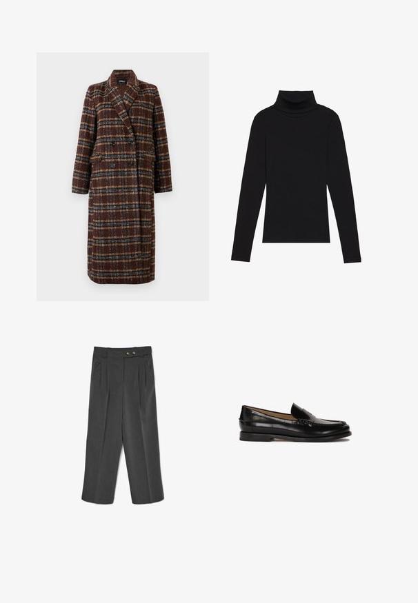 Gara divrindas brūna raibā mētelis ar atloku apkakli, melniem pogām un kabatām ar vāciņu, izstādīta pret baltu fona.; Melnā turtlenecka garām piedurknēm augšdaļa, izgatavota no ribotas auduma, ar pieguļošu piegriezumu, augstu kakla izgriezumu un bez rakstiem vai akcentiem.; Pelēki piegriezti bikses ar plecu priekšpusi, divām priekšējām kabatām un pogu aizdari, izgatavotas no teksturēta auduma, ar platu kāju dizainu.; Melnas ādas loferes ar noapaļotu purngalu, viegli uzvelkamas un ar diskrētām dūrieniem augšdaļā. Vienkārša gumijas zole.