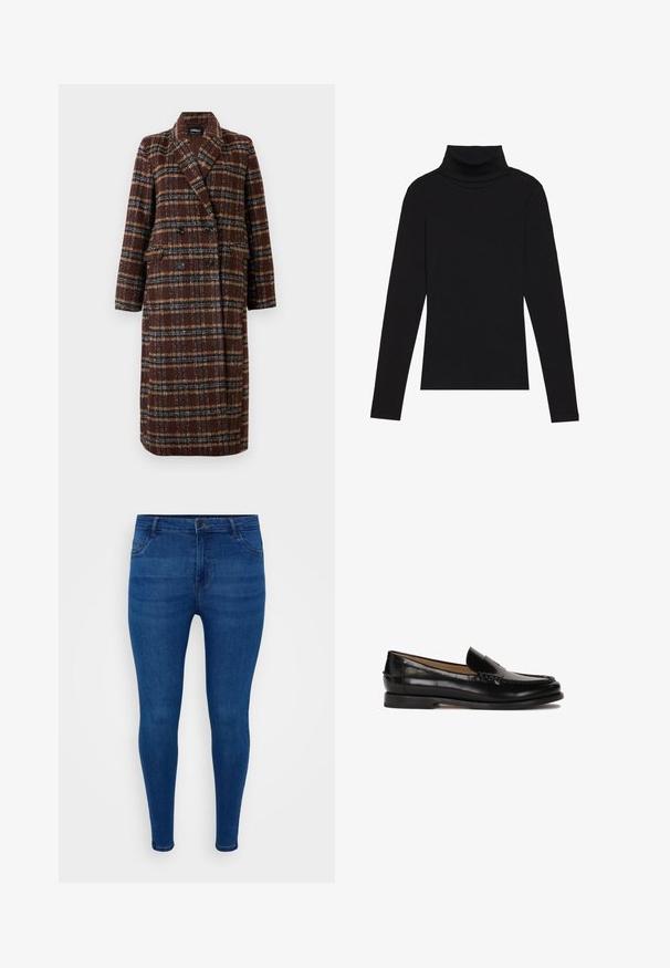 Długi brązowy płaszcz w kratę z podwójnym zapięciem, z klapami, czarnymi guzikami i kieszeniami z klapami, wyeksponowany na białym tle.; Czarna bluzka z długim rękawem i kołnierzem typu stójka, wykonana z prążkowanej tkaniny, charakteryzuje się dopasowanym krojem, wysokim dekoltem oraz brakiem wzorów i zdobień.; Chude dżinsy wykonane z ciemnoniebieskiego denimu. Charakteryzują się dopasowanym krojem, pięcioma kieszeniami oraz subtelnym wyblaknięciem na przedniej powierzchni.; Czarne skórzane mokasyny z okrągłym noskiem, łatwe do zakładania, z subtelnymi przeszyciami wzdłuż cholewki. Płaska gumowa podeszwa.