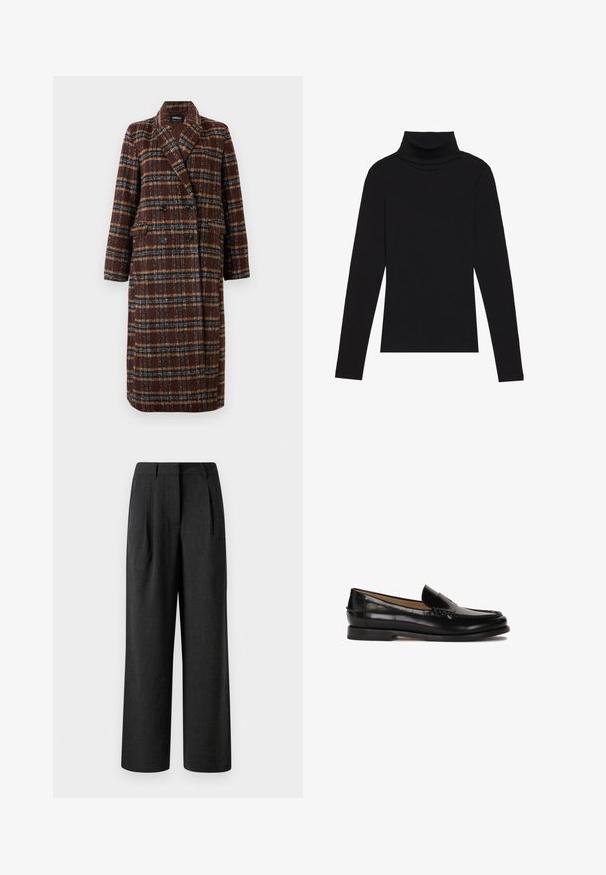 Lång dubbelknäppt brun rutig kappa med slagkrage, svarta knappar och ficklock, uppställd mot en vit bakgrund.; Svart polokrage långärmad topp, tillverkad av ribbat tyg, har en figurnära design med hög hals och inga mönster eller accenter.; Svarta byxor med vida ben, tillverkade av strukturerad väv, med framvik och en skräddarsydd midja, designade för en lös passform.; Svart läderloafer med rundad tå, slip-on-design och subtila sömnadsdetaljer längs ovandelen. Platt gummisula.