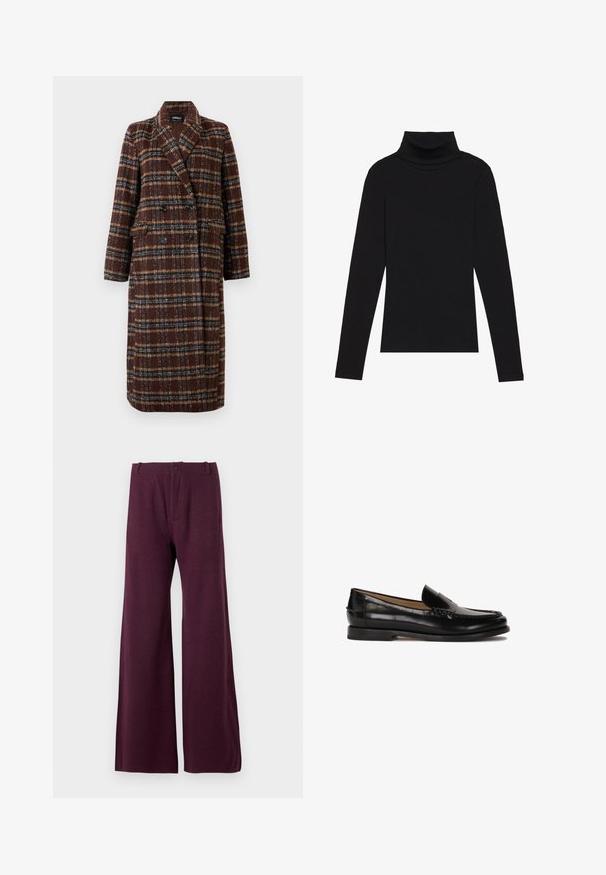 Manteau long en plaid marron à double boutonnage avec col à revers, boutons noirs et poches à rabat, présenté sur un fond blanc.; Haut à manches longues noir à col roulé, fabriqué en tissu côtelé, présente un design ajusté avec un col haut et sans motifs ni accents.; Pantalons larges bordeaux en tissu léger. Caractéristiques d'une fermeture à bouton et à fermeture éclair à l'avant, avec une texture lisse et uniforme.; Mocassin en cuir noir avec un bout arrondi, design à enfiler et détails de couture subtils le long de la tige. Semelle plate en caoutchouc.
