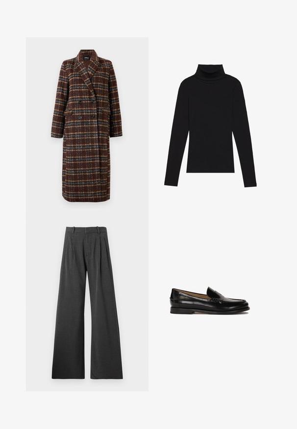 Dlouhý hnědý kostkovaný kabát na dvouřadé zapínání s klopovým límcem, černými knoflíky a kapsami s klopou, vystavený na bílém pozadí.; Černý rolák s dlouhým rukávem, vyrobený z žebrované látky, má upnutý střih s vysokým výstřihem a žádné vzory ani akcenty.; Hedvábné široké kalhoty v černo-bílém houndstooth vzoru s předními sklady. Vyrobené z texturované látky, s upraveným pasem a kapsami.; Černé kožené mokasíny s kulatou špičkou, jednoduchým designem na obouvání a diskrétními prošívanými detaily na svršku. Plochá gumová podrážka.