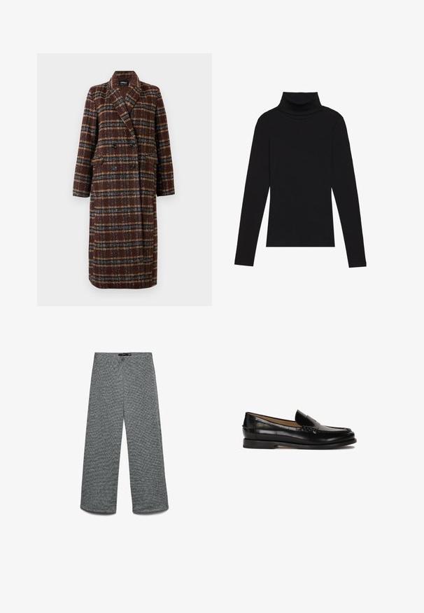 Abrigo de cuadro marrón de doble botonadura largo con cuello de solapa, botones negros y bolsillos con solapa, exhibido contra un fondo blanco.; Top de manga larga de cuello alto negro, hecho de tela de canalé, presenta un diseño ajustado con un cuello alto y sin patrones ni acentos.; Pantalones de pierna ancha en un tejido gris texturizado de punto. Presentan una cintura alta y piernas rectas, ofreciendo un ajuste relajado en toda la prenda.; Mocasín de cuero negro con puntera redondeada, diseño deslizante y detalles de costura sutiles a lo largo de la parte superior. Suela de goma plana.