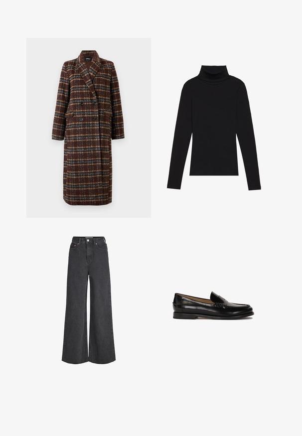 Lång dubbelknäppt brun rutig kappa med slagkrage, svarta knappar och ficklock, uppställd mot en vit bakgrund.; Svart polokrage långärmad topp, tillverkad av ribbat tyg, har en figurnära design med hög hals och inga mönster eller accenter.; Högmidjade svarta vida jeans med framknapp och dragkedja, fem fickor och rå kantdetalj.; Svart läderloafer med rundad tå, slip-on-design och subtila sömnadsdetaljer längs ovandelen. Platt gummisula.