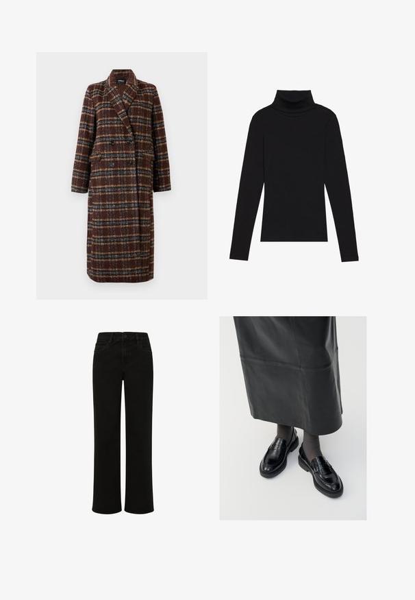 Abrigo de cuadro marrón de doble botonadura largo con cuello de solapa, botones negros y bolsillos con solapa, exhibido contra un fondo blanco.; Top de manga larga de cuello alto negro, hecho de tela de canalé, presenta un diseño ajustado con un cuello alto y sin patrones ni acentos.; Jeans de mezclilla negra de pierna recta con cintura alta, que cuentan con bolsillos frontales, cierre de botón y líneas limpias sin adornos.; Mocasines de cuero negro con un acabado suave, que presentan una tira decorativa, puntera redonda y suela texturizada. Llevados con una falda larga de cuero negro.