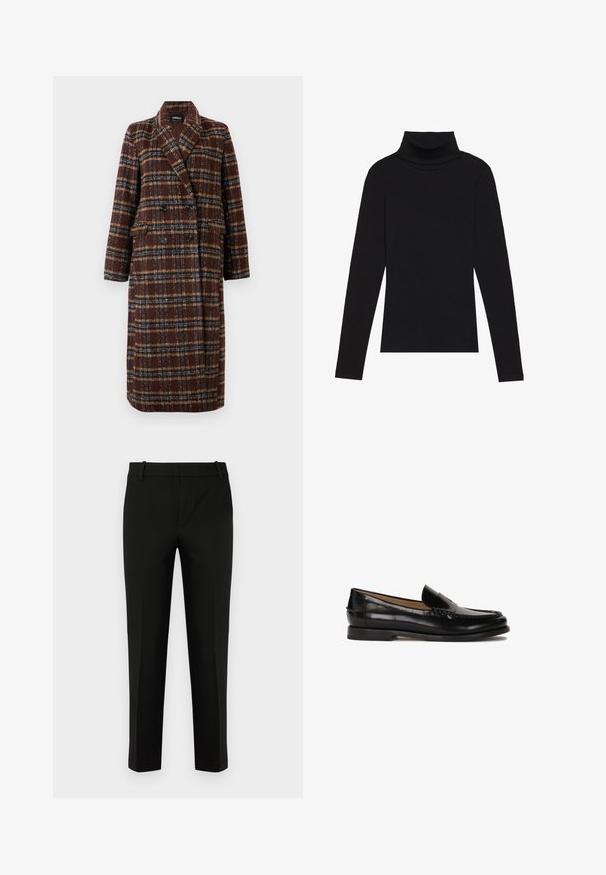 Duga dvoslojna smeđa kaput s kariranim uzorkom, s reverima, crnim gumbima i džepovima s preklopom, prikazana na bijeloj pozadini.; Crna turtleneck majica dugih rukava, napravljena od rebraste tkanine, ima uski kroj s visokim ovratnikom i bez uzoraka ili dekoracija.; Crne hlače slim kroja s ravnim prednjim dijelom, bočnim džepovima i glatkom teksturom. Dizajnirane su s umjerenim porastom struka i suženim nogavicama.; Crne kožne mokasine s okruglim vrhom, dizajnom za jednostavno oblačenje i suptilnim šavovima duž gornjeg dijela. Ravni gumeni đon.