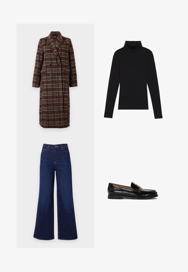 Długi brązowy płaszcz w kratę z podwójnym zapięciem, z klapami, czarnymi guzikami i kieszeniami z klapami, wyeksponowany na białym tle.; Czarna bluzka z długim rękawem i kołnierzem typu stójka, wykonana z prążkowanej tkaniny, charakteryzuje się dopasowanym krojem, wysokim dekoltem oraz brakiem wzorów i zdobień.; Ciemnoniebieskie dżinsy typu wide-leg wykonane z denimu, z wysokim stanem, pięcioma kieszeniami oraz kontrastowym pomarańczowym przeszyciem wzdłuż szwów.; Czarne skórzane mokasyny z okrągłym noskiem, łatwe do zakładania, z subtelnymi przeszyciami wzdłuż cholewki. Płaska gumowa podeszwa.