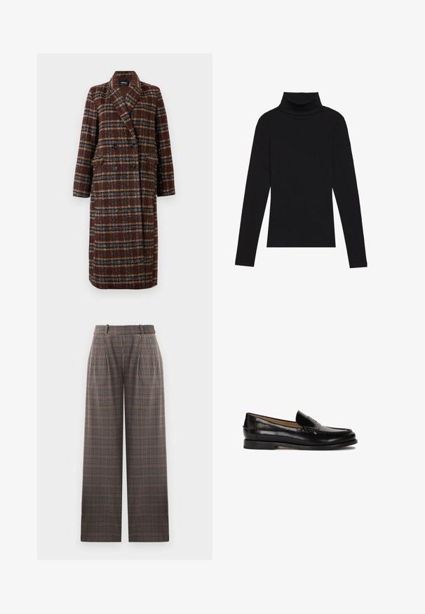Lång dubbelknäppt brun rutig kappa med slagkrage, svarta knappar och ficklock, uppställd mot en vit bakgrund.; Svart polokrage långärmad topp, tillverkad av ribbat tyg, har en figurnära design med hög hals och inga mönster eller accenter.; Rutiga byxor med vida ben, som har veck, hög midja och en blandning av bruna, svarta och ljusblå färger.; Svart läderloafer med rundad tå, slip-on-design och subtila sömnadsdetaljer längs ovandelen. Platt gummisula.