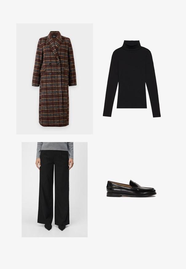 Long double-breasted brown plaid coat with lapel collar, black buttons, and flap pockets, displayed against a white background.; Black turtleneck long-sleeve top, made of ribbed fabric, features a fitted design with a high neckline and no patterns or accents.; Object OBJLISA WIDE - Trousers - black; Black leather loafer with a rounded toe, slip-on design, and subtle stitching details along the upper. Flat rubber sole.