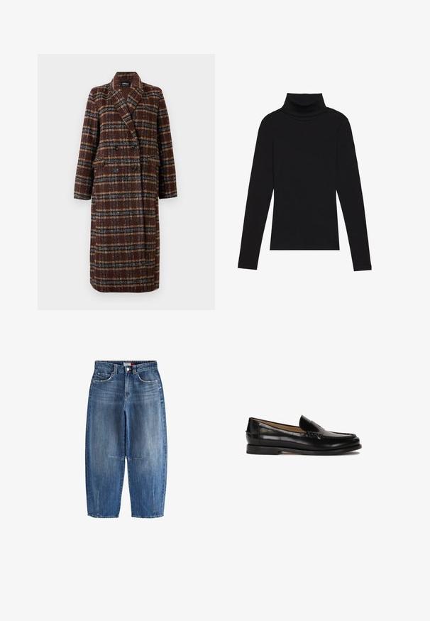 Abrigo de cuadro marrón de doble botonadura largo con cuello de solapa, botones negros y bolsillos con solapa, exhibido contra un fondo blanco.; Top de manga larga de cuello alto negro, hecho de tela de canalé, presenta un diseño ajustado con un cuello alto y sin patrones ni acentos.; Vaqueros de mezclilla en azul medio, con una cintura alta, diseño de pierna ancha y recortada, bolsillos frontales y costuras visibles.; Mocasín de cuero negro con puntera redondeada, diseño deslizante y detalles de costura sutiles a lo largo de la parte superior. Suela de goma plana.