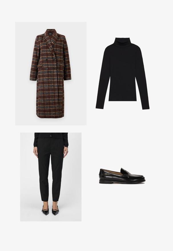 Lång dubbelknäppt brun rutig kappa med slagkrage, svarta knappar och ficklock, uppställd mot en vit bakgrund.; Svart polokrage långärmad topp, tillverkad av ribbat tyg, har en figurnära design med hög hals och inga mönster eller accenter.; Svarta kostymbyxor med pinstripes har en skräddarsydd passform och en slät yta. Kombinerade med blanka svarta högklackade skor med spetsig tå, som visar upp eleganta linjer.; Svart läderloafer med rundad tå, slip-on-design och subtila sömnadsdetaljer längs ovandelen. Platt gummisula.