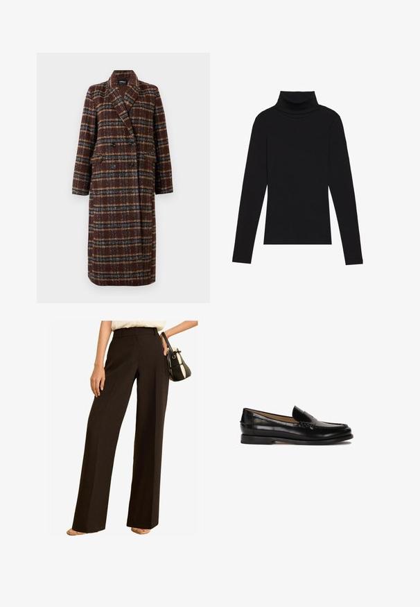 Hosszú, dupla soros barna kockás kabát, kapucnis gallérral, fekete gombokkal és hajtókás zsebekkel, fehér háttér előtt bemutatva.; Fekete garbónyakú, hosszú ujjú felső, bordás anyagból készült, testhez álló fazonnal, magas nyakkal, minták és díszítések nélkül.; Széles szárú nadrág sötétbarna anyagból, magas derékkal, szabott dizájnnal és sima textúrával. Egy kis táskával párosítva.; Fekete bőr mokaszin lekerekített orral, slip-on kialakítással és finom varrás részletekkel a felsőrészen. Lapos gumitalp.