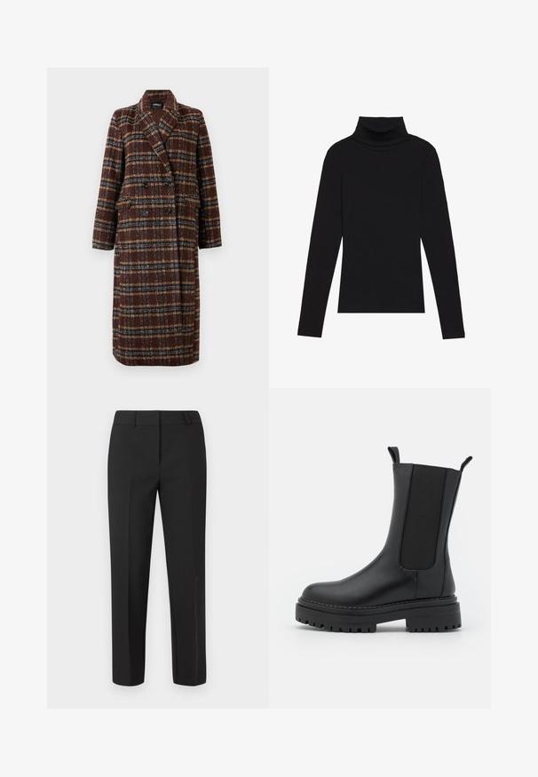Długi brązowy płaszcz w kratę z podwójnym zapięciem, z klapami, czarnymi guzikami i kieszeniami z klapami, wyeksponowany na białym tle.; Czarna bluzka z długim rękawem i kołnierzem typu stójka, wykonana z prążkowanej tkaniny, charakteryzuje się dopasowanym krojem, wysokim dekoltem oraz brakiem wzorów i zdobień.; Czarne, dopasowane spodnie o prostym kroju nogawek, z gładkim przodem, bez widocznych ozdób. Wykonane z gładkiej tkaniny z wyraźnym wykończeniem.; RAID CHERISH - Kozaki na platformie