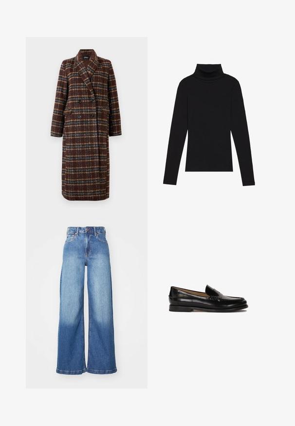 Hosszú, dupla soros barna kockás kabát, kapucnis gallérral, fekete gombokkal és hajtókás zsebekkel, fehér háttér előtt bemutatva.; Fekete garbónyakú, hosszú ujjú felső, bordás anyagból készült, testhez álló fazonnal, magas nyakkal, minták és díszítések nélkül.; Magas derekú, bő szárú kék farmernadrág, elülső gombbal, cipzárral és klasszikus öt zsebes kialakítással.; Fekete bőr mokaszin lekerekített orral, slip-on kialakítással és finom varrás részletekkel a felsőrészen. Lapos gumitalp.