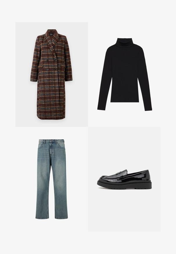 Dolg plašč z dvojnim zapenjanjem v rjavem karirastem vzorcu z rever ovratnikom, črnimi gumbi in žepi s poklopcem, prikazan na belem ozadju.; Črna majica s puloverjem in dolgimi rokavi, izdelana iz rebraste tkanine, ima prilegan kroj s visokim ovratnikom in brez vzorcev ali okrasnih elementov.; Svetlo modri jeans s ravnim krojem, petimi žepi, kontrastnim šivom in klasičnim pasom z gumbom.; Črne lakirane usnjene loafers čevlje z zaobljenim nosom, okrasno spono in debelim črnim gumijastim podplatom. Gladka sijajna tekstura z minimalnim šivanjem.