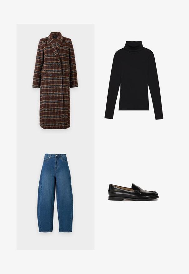 Abrigo de cuadro marrón de doble botonadura largo con cuello de solapa, botones negros y bolsillos con solapa, exhibido contra un fondo blanco.; Top de manga larga de cuello alto negro, hecho de tela de canalé, presenta un diseño ajustado con un cuello alto y sin patrones ni acentos.; Jeans de denim en un lavado azul medio, con una cintura alta, corte de pierna ancha y diseño estándar de cinco bolsillos con detalles de costura visibles.; Mocasín de cuero negro con puntera redondeada, diseño deslizante y detalles de costura sutiles a lo largo de la parte superior. Suela de goma plana.