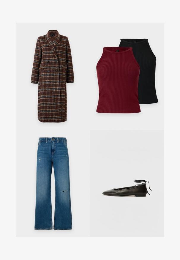 Duga dvoslojna smeđa kaput s kariranim uzorkom, s reverima, crnim gumbima i džepovima s preklopom, prikazana na bijeloj pozadini.; Dva rebrasta topa: jedan bordo i jedan crni. Oba imaju visoki ovratnik, prilagođenog su kroja i glatke teksture.; Plave traperice širokih nogavica s izblijedjelom teksturom, koje imaju dva oštećena područja na prednjoj strani, zatvaranje na gumbe i dizajn s pet džepova.; Crne kožne baletanke s oštrim prstom, vezanjem oko članaka i ravnim potplatom, s glatkom teksturom i minimalističkim dizajnom.