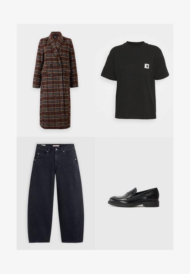 Dolg plašč z dvojnim zapenjanjem v rjavem karirastem vzorcu z rever ovratnikom, črnimi gumbi in žepi s poklopcem, prikazan na belem ozadju.; Črna bombažna majica s kratkimi rokavi, okroglo izrezana, z sprednjim žepom, ki ima kvadratno belo-črno logotip.; Črne jeans hlače širokih nogavic z visokim pasom, dvema sprednjima žepoma in srebrnim dodatkom. Gladka tekstura, minimalni detajli šivov in ravna kroj.; Črne usnjene loferke za moške z zaobljenim nosom, šivano obdelavo in nizko blokasto peto. Gladka tekstura brez vidnih vzorcev ali dodatkov.