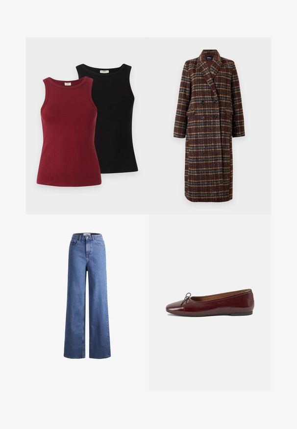 Dlhý hnedý károvaný kabát na dvojité zapínanie s klopovým golierom, čiernymi gombíkmi a vreckami s chlopňou, vystavený na bielom pozadí.; Dvé rebrované tielka: jedno v marhuľovej farbe a druhé v čiernej. Obe majú priliehavý strih s okrúhlym výstrihom a hladkým povrchom.; Svetlomodré deninové nohavice s širokými nohavicami a vysokým pásom, dve predné vrecká a viditeľné švy. Obsahuje tiež uzatváranie na gombík a zips.; Burgundské lakované balerínky s okrúhlou špičkou, malou mašľou na prednej strane a nízkou čiernou gumovou podrážkou. Hladký povrch.