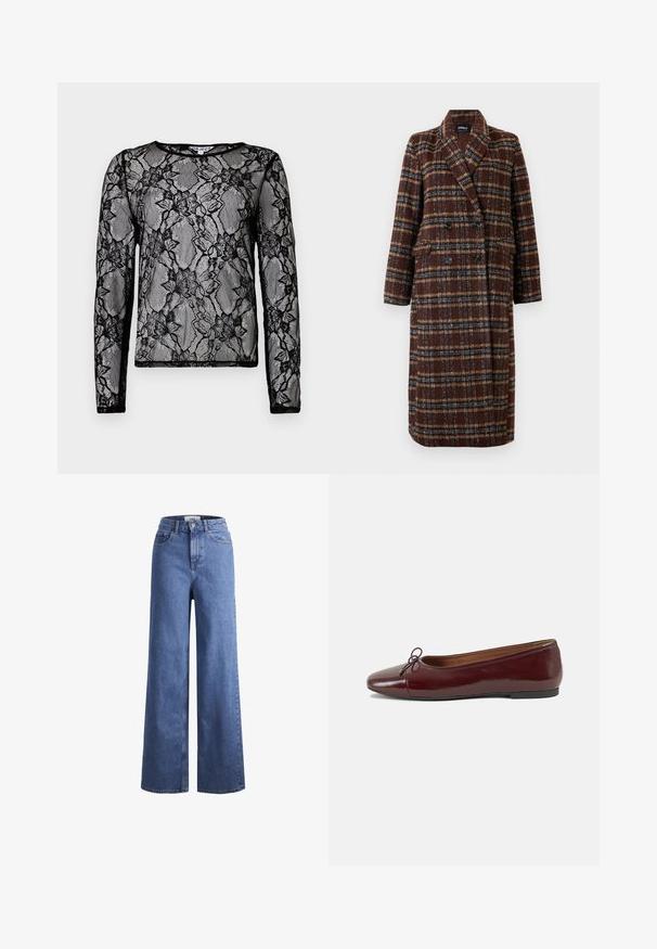 Pikk topeltkinnitatud pruuni ruudulise mustriga mantel, millel on krae, mustad nupud ja klapptaskud, esitatud valge tausta ees.; Must mustriga musta top, mis on valmistatud läbipaistvast pitsist, millel on lillemustrid, ümmargune kaelus ja kontrastne must ääre dekoratsioon.; Heled sinise denimist laiad jalad, kõrgema talje ja kahe eesmise taskuga, nähtavate õmblustega. Omab nuppu ja luku sulgemist.; Burgundi patendnahk kingad balletitüüpi, ümmarguse ninaosa, ees väike paelaaktsent ja madal must kummist tald. Sile tekstuur.