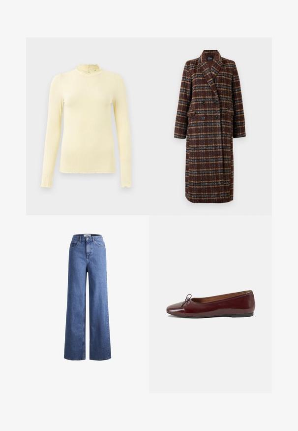 Langer brauner Karo-Doppelreiher-Mantel mit Reverskragen, schwarzen Knöpfen und Klappentaschen, vor einem weißen Hintergrund präsentiert.; Langarmoberteil aus weichem Pastellgelb mit hohem Rüschkragen und gewelltem Saum; aus dehnbarem Stoff für Komfort gefertigt.; Helleblaue Denim-Weite-Leg-Jeans mit hoher Taille, zwei vorderen Taschen und sichtbarer Naht. Mit Knopf- und Reißverschluss.; Burgunderfarbenes, lackiertes Ballettschuh mit abgerundetem Zehenbereich, kleiner Schleifenakzent vorne und einer niedrigen, schwarzen Gummisohle. Glatte Textur.