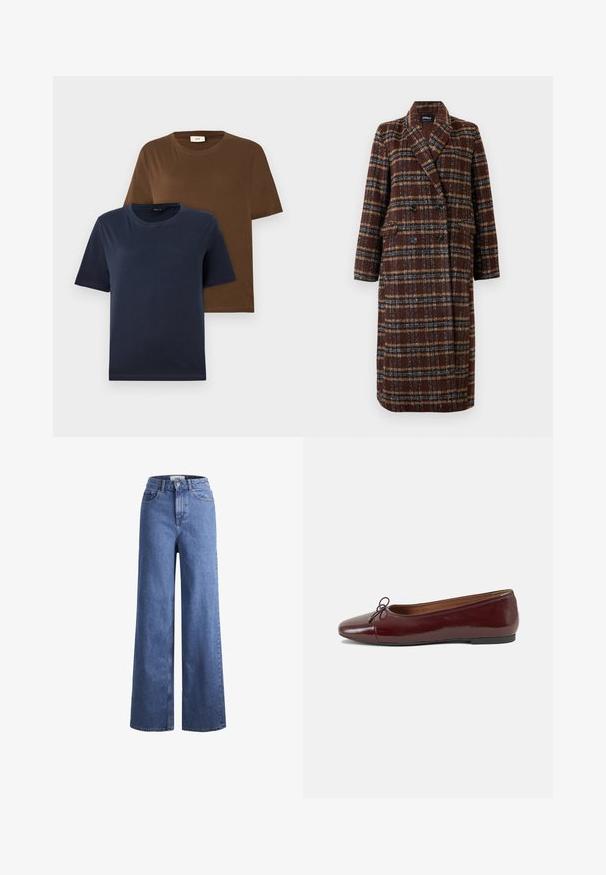 Dlouhý hnědý kostkovaný kabát na dvouřadé zapínání s klopovým límcem, černými knoflíky a kapsami s klopou, vystavený na bílém pozadí.; Dvě trička s krátkým rukávem: jedno v tmavě námořnické barvě, druhé v bohaté hnědé. Obě mají kulatý výstřih a jemnou, hladkou bavlněnou texturu.; Svetle modré denimové široké kalhoty s vysokým pasem, dvěma předními kapsami a viditelným švem. Obsahují knoflíkový a zipový uzávěr.; Burgundské lakové baleríny s kulatou špičkou, malou mašlí vpředu a nízkou černou gumovou podrážkou. Hladký povrch.