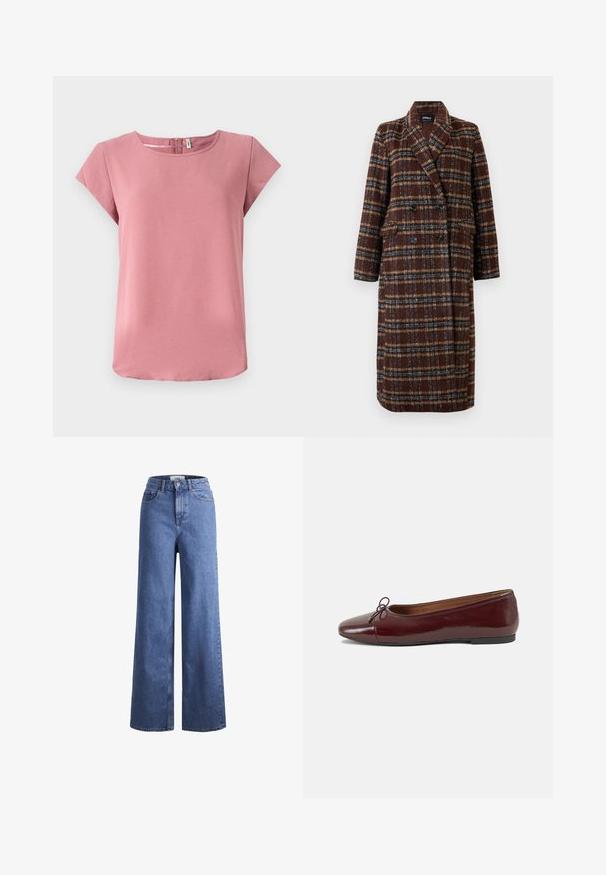 Langer brauner Karo-Doppelreiher-Mantel mit Reverskragen, schwarzen Knöpfen und Klappentaschen, vor einem weißen Hintergrund präsentiert.; Rosa kurzärmliges Oberteil mit glatter Textur, rundem Halsausschnitt und Reißverschlussdetail auf der Rückseite. Verfügt über eine lässige Passform und einen abgerundeten Saum.; Helleblaue Denim-Weite-Leg-Jeans mit hoher Taille, zwei vorderen Taschen und sichtbarer Naht. Mit Knopf- und Reißverschluss.; Burgunderfarbenes, lackiertes Ballettschuh mit abgerundetem Zehenbereich, kleiner Schleifenakzent vorne und einer niedrigen, schwarzen Gummisohle. Glatte Textur.