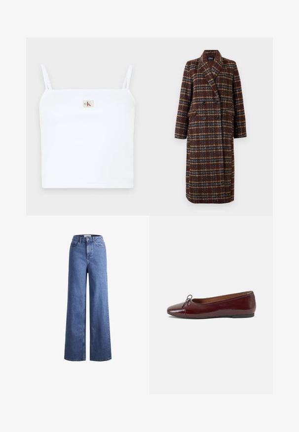 Casaco xadrez castanho de dupla face, com colarinho de lapela, botões pretos e bolsos de aba, exibido sobre um fundo branco.; Top cropped branco canelado com finas alças, apresentando um pequeno logotipo quadrado com "CK" em vermelho na parte da frente. Textura suave.; Jeans de ganga azul claro, de perna larga e cintura alta, com dois bolsos frontais e costuras visíveis. Apresenta um fecho de botão e zíper.; Bailarinas em couro sintético borgonha com bico redondo, pequeno laço na frente e sola baixa em borracha preta. Textura suave.